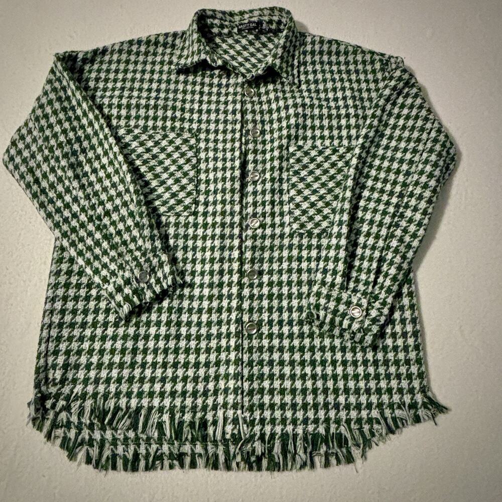 NASTY GAL‎ Houndstooth Green Pattern Fringed Shirt Jacket Women's Size Large